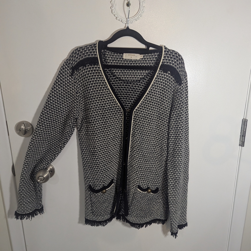 🧡 Cream Clothing Blazer | Black and White Blazer with fringe trim | Size Med